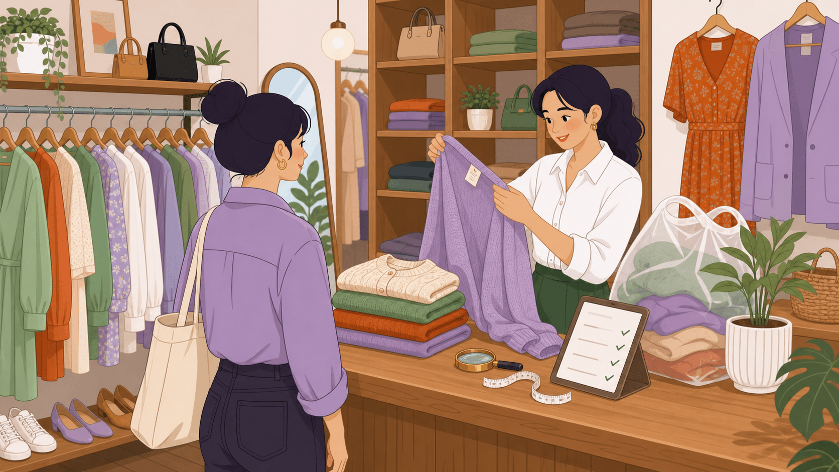 A store team checking clothing items